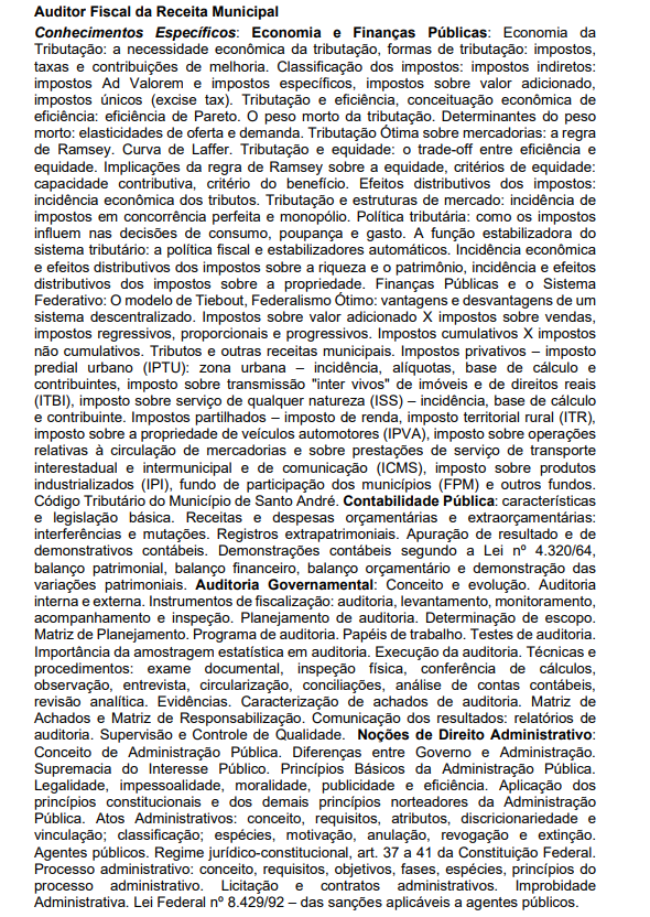 Conteúdo programático da prova de conhecimentos específicos 