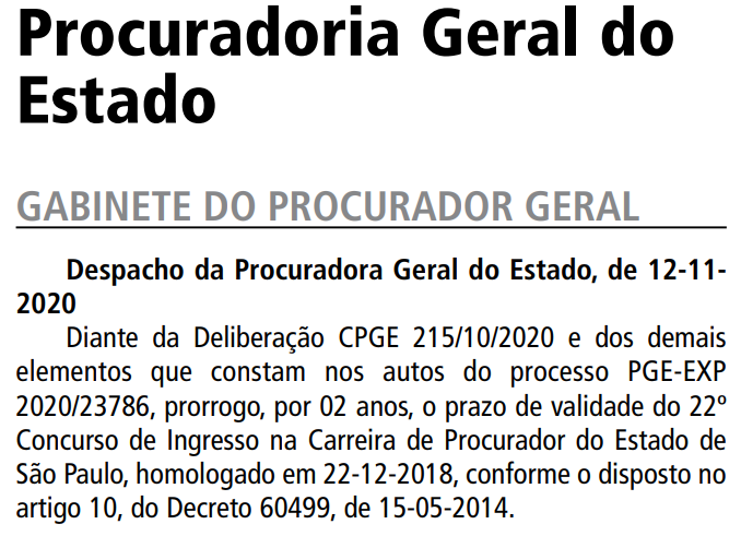 Concurso PGE SP Procurador: validade prorrogada