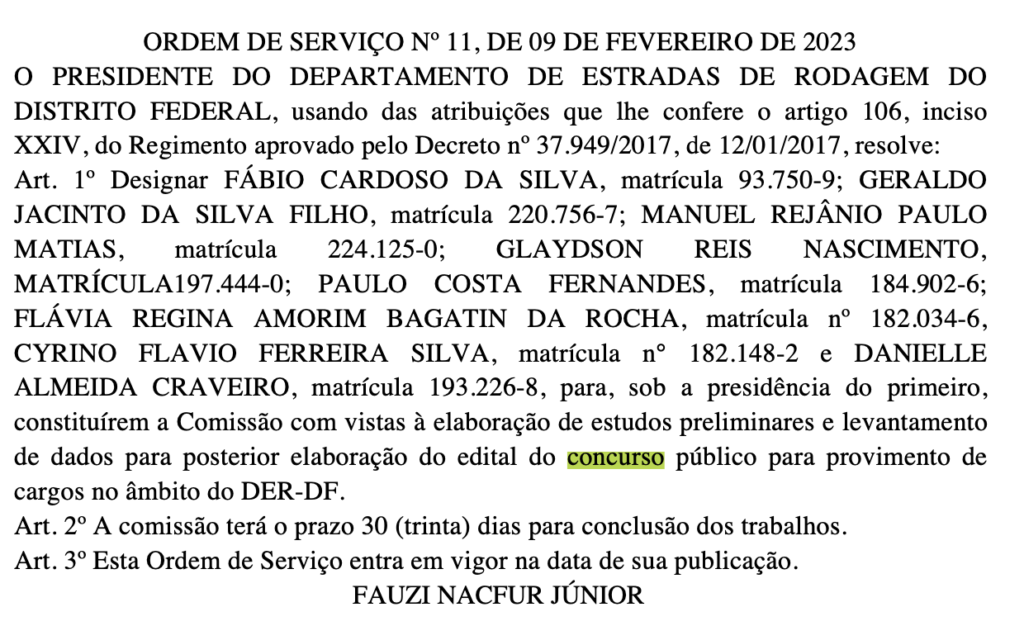 Concurso DER DF: comissão é formada