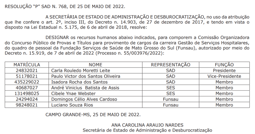 A comissão do concurso Funsau MS foi formada