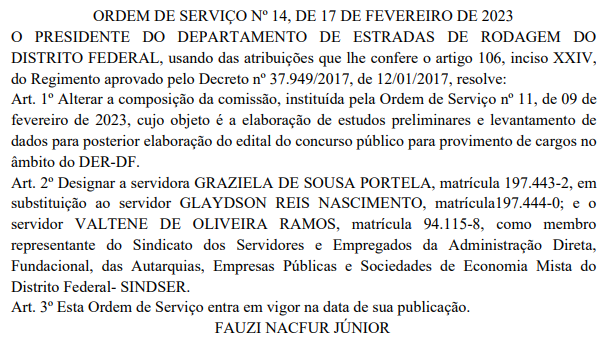 Concurso DER DF: comissão alterada - 22/02