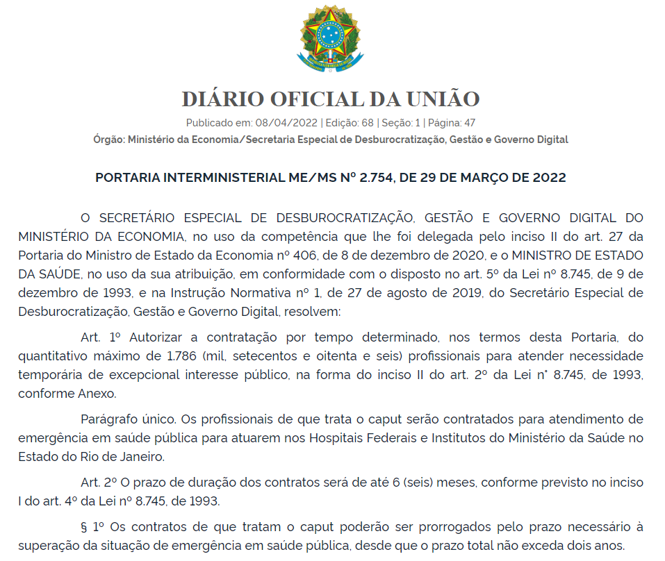 Ministério da Saúde autoriza contratação de 1.786 temporários 