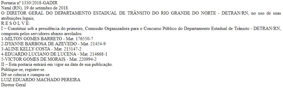 Publicação que constitui a comissão responsável pela organização do próximo concurso Detran RN.