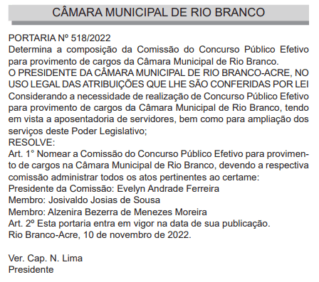 Câmara Municipal de Rio Branco AC: Comissão formada