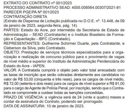 Documento de contratação do IBFC como banca do novo Concurso Polícia Penal AC.