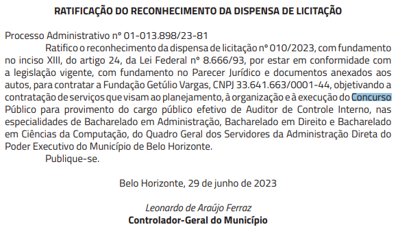 Concurso CGM BH: FGV é a banca para Auditor de Controle