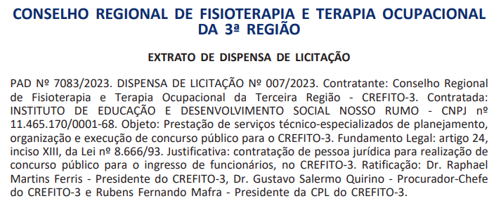 Extrato de dispensa de licitação concurso CREFITO 3.