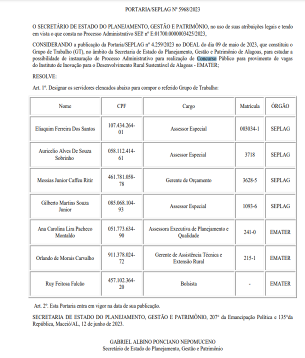 Servidores designados para comissão do concurso Emater AL