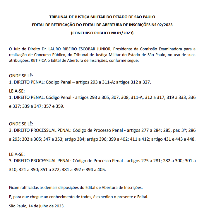 Concurso TJM SP: retificação no conteúdo programático