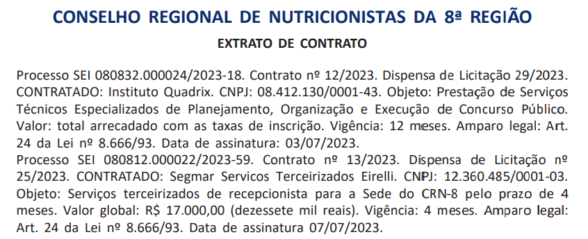 Extrato de contrato concurso CRN 8.