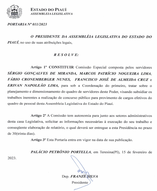 Documento de constituição da comissão do novo Concurso ALEPI.