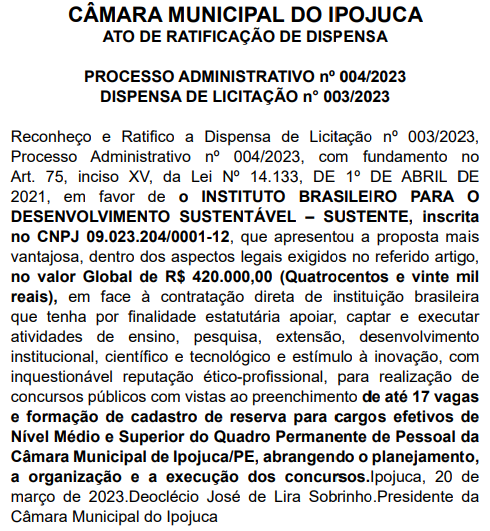 Documento da dispensa de solicitação que define a SUSTENTE como banca do concurso Câmara de Ipojuca.