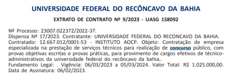 Extrato de contrato entre o Instituto AOCP e a UFRB.