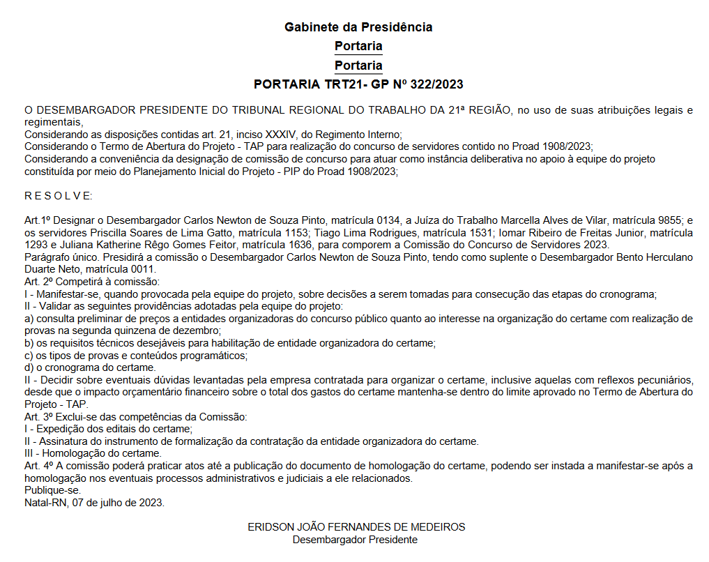 concurso trt 21 tem comissão formada