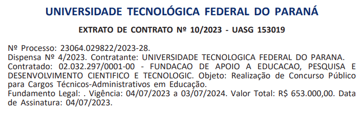 Extrato de contrato concurso UTFPR.