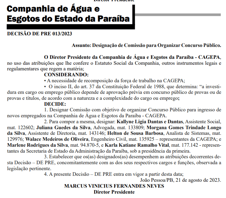 Concurso CAGEPA: comissão formada