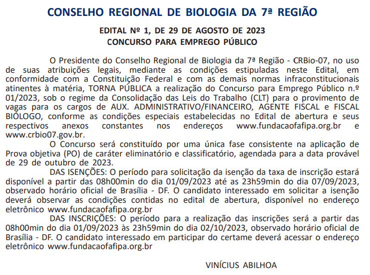 Concurso CRBio 7: extrato de edital