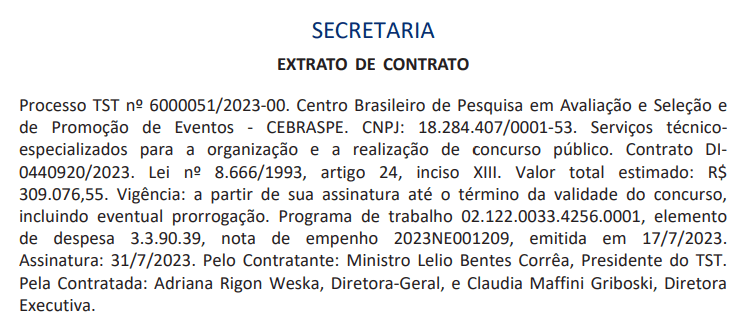 Concurso TST: banca contratada