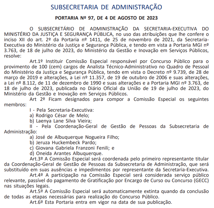 Comissão do concurso Ministério da Justiça é formada