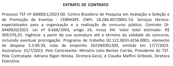 Extrato de contrato com a banca Cebraspe.