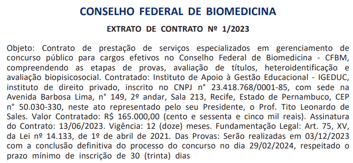 Extrato de contrato com a banca IGEDUC.