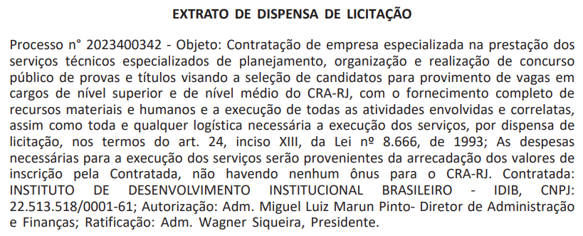 IDIB é abanca do novo concurso CRA RJ.