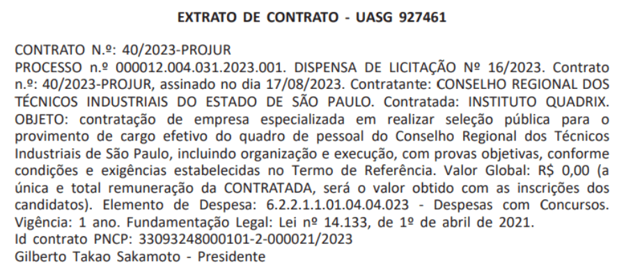 Extrato de contrato que oficializa o Instituto Quadrix como banca da seleção.