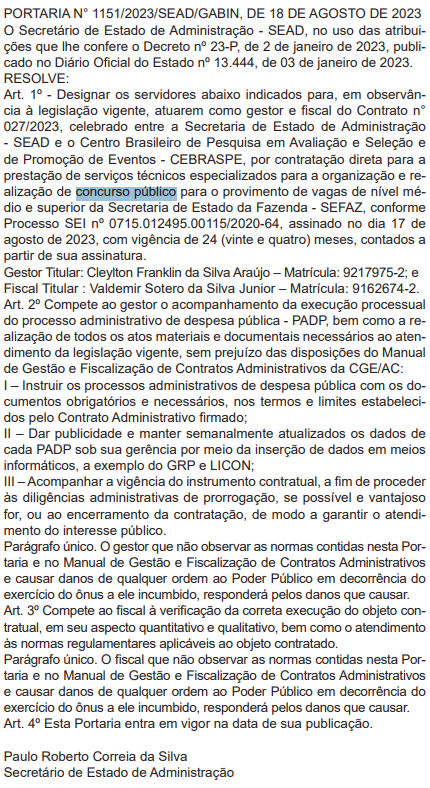 Concurso Sefaz AC: fiscais de contrato são definidos!