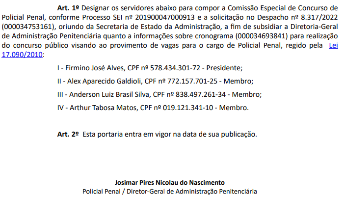 Comissão formada concurso Polícia Penal GO