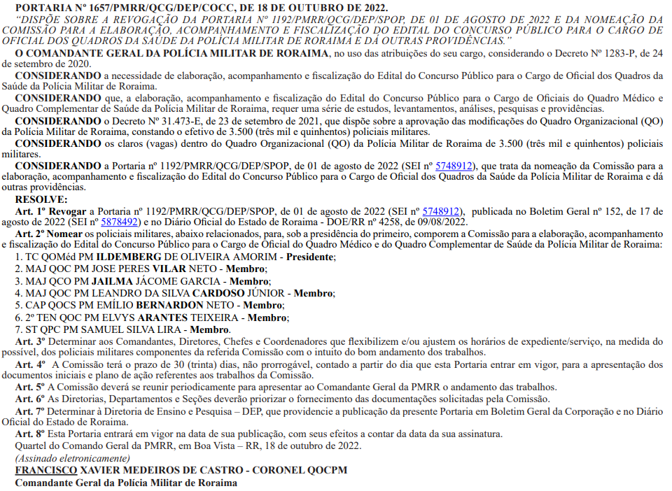 Lista de nomes da comissão do concurso PM RR ao cargo de Oficial da Saúde