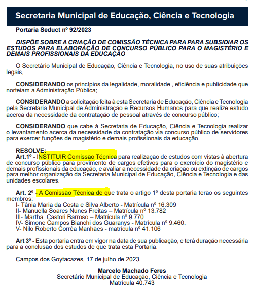 Concurso Educação Campos dos Goytacazes (RJ): comissão formada