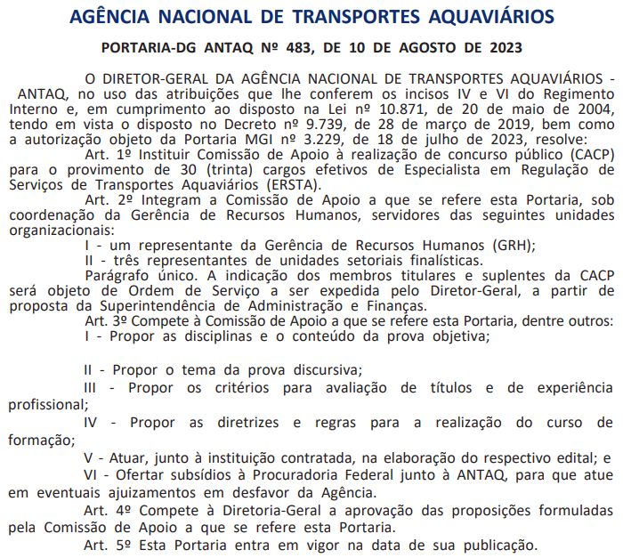 Comissão do concurso Antaq é formada; vagas para Especialista!