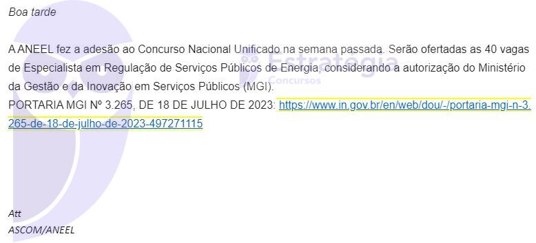 Confirmação da ANEEL em se integrar ao Concurso Unificado Nacional.