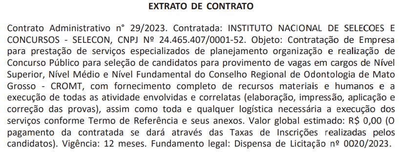 Extrato de contrato que oficializa o Instituto SELECON como banca organizadora do novo concurso CRO MT.