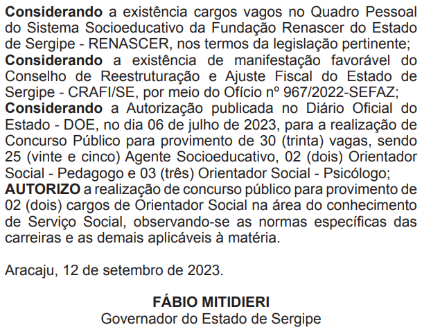 Nova autorização concurso Fundação Renascer