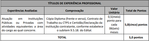 Quadro de títulos de experiência profissional do concurso Lagoa Santa Saúde
