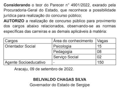 Diário Oficial do Estado com a autorização para realização do novo Concurso da Fundação Renascer.