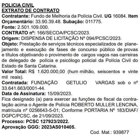 Concurso PC SC: extrato de contrato com a FGV publicado!