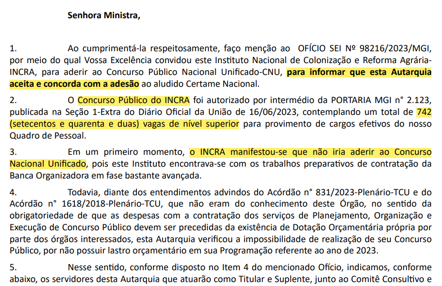 ofício do INCRA informando sua adesão ao Concurso Nacional Unificado
