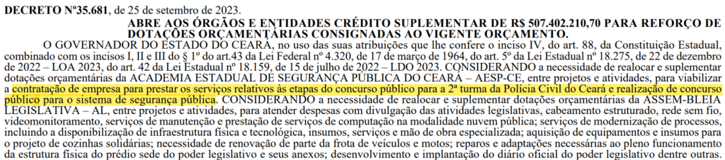 Concurso PC CE: crédito suplementar para contratação da banca