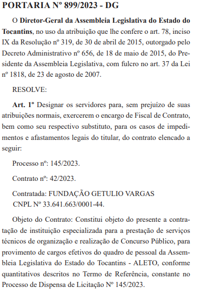 Concurso ALE TO designa fiscais do contrato com a banca