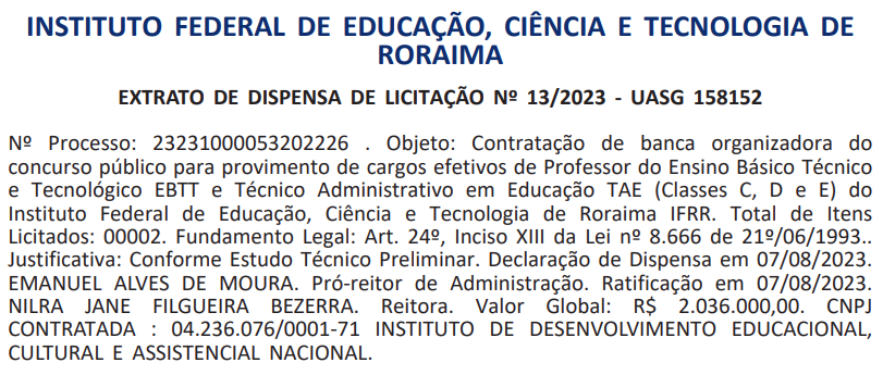 Extrato de dispensa de licitação concurso IFRR.