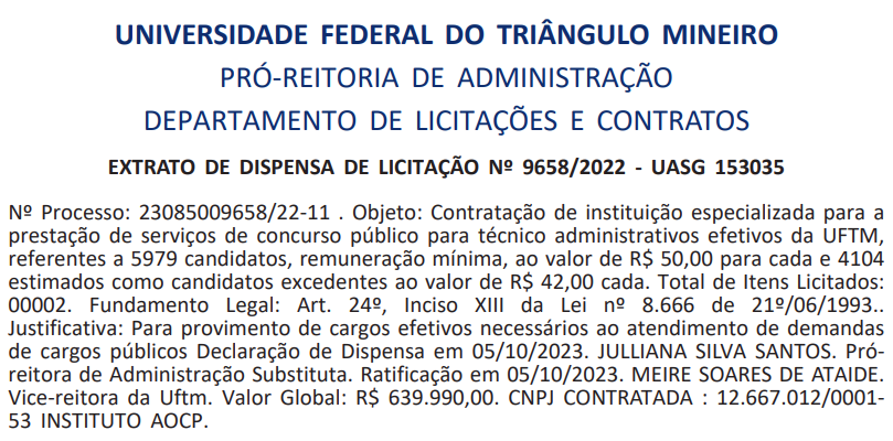 Extrato de dispensa de licitação: Instituto AOCP é banca do novo edital.