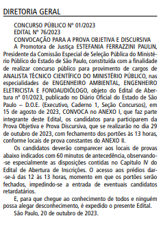 Convocação para realização da a etapa de provas do concurso MP SP.