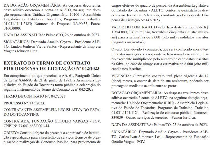 Extrato de contrato da FGV como banca do concurso ALE TO