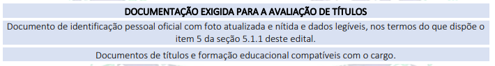 Tabela de documentação exigida na Avaliação de Títulos