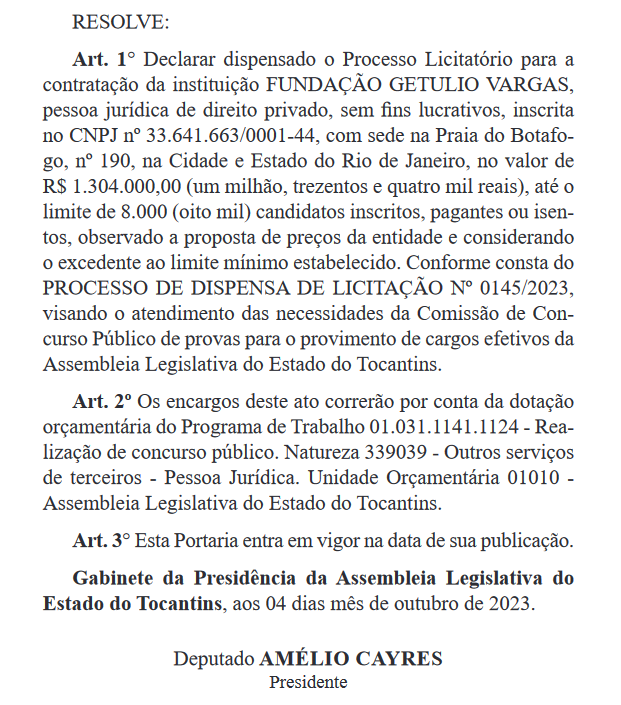 Concurso ALE TO: dispensa com a FGV é publicada