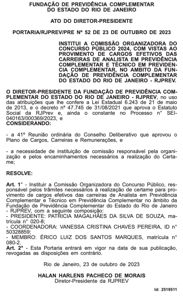 Portaria de constituição da comissão organizadora do novo edital RJPrev