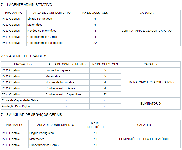 tabela das provas do último edital do concurso SMTT São Luís