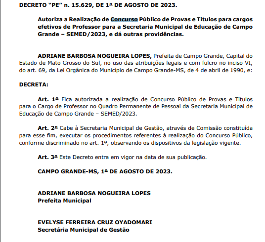 Autorização concurso SEMED Campo Grande.